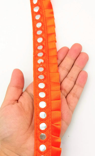 Orange Satin Pleated Lace Trim, Mirrored Fringe Trimming, Approx. 30mm wide